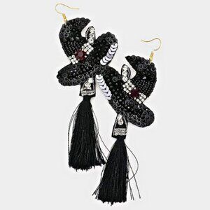 5-Inch Witch Hat & Tassel Broom Beaded Rhinestone Halloween Earrings